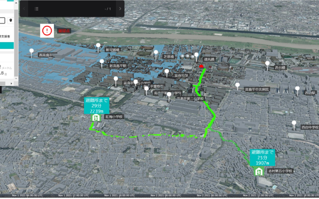 3Dイメージ：災害時の避難ルートを3D都市モデルを用いて表した地図