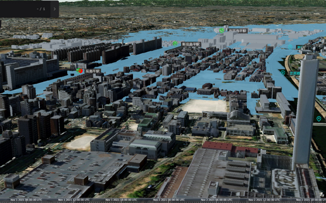 3Dイメージ：3D都市モデルを活用した災害時の浸水シミュレーション