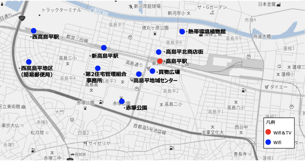 Map showing the location of Wifi sensors and AI cameras in the Takashimadaira area