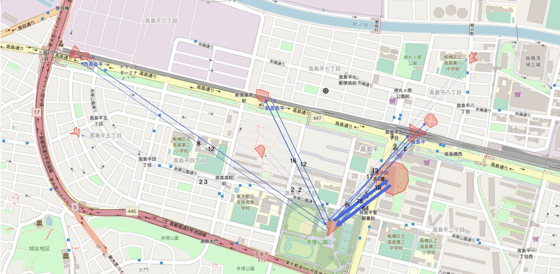 高島平地域内の人流や行動範囲を表した地図